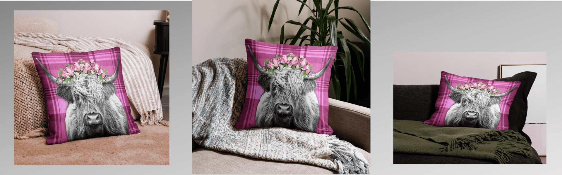 Highland cow pillow with pink plaid and flowers.