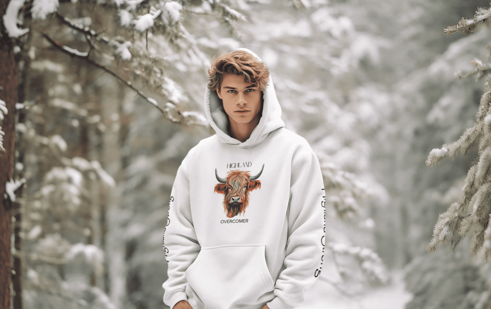 Man in white hoodie with highland cow