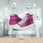 Pink plaid high-top sneakers with white laces.