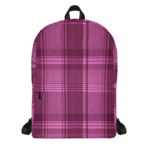 A Backpack Celtic Fucia Pink and Burgundy and Black Highland Plaid, can hold up to a 15" Laptop, or Tablet, many pockets for more, Padded Shoulder Straps on a black background.