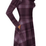 A woman wearing a All-over Print Long Sleeve Midi Dress, in Celtic Burgundy and Black Plaid.