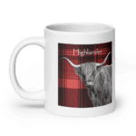 Highland cow mug with red plaid