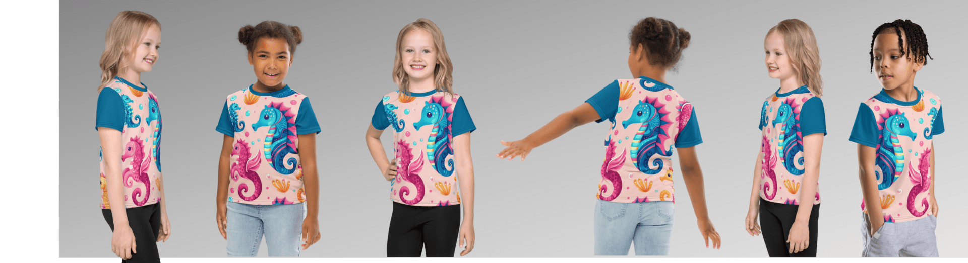 Children wearing seahorse t-shirts.