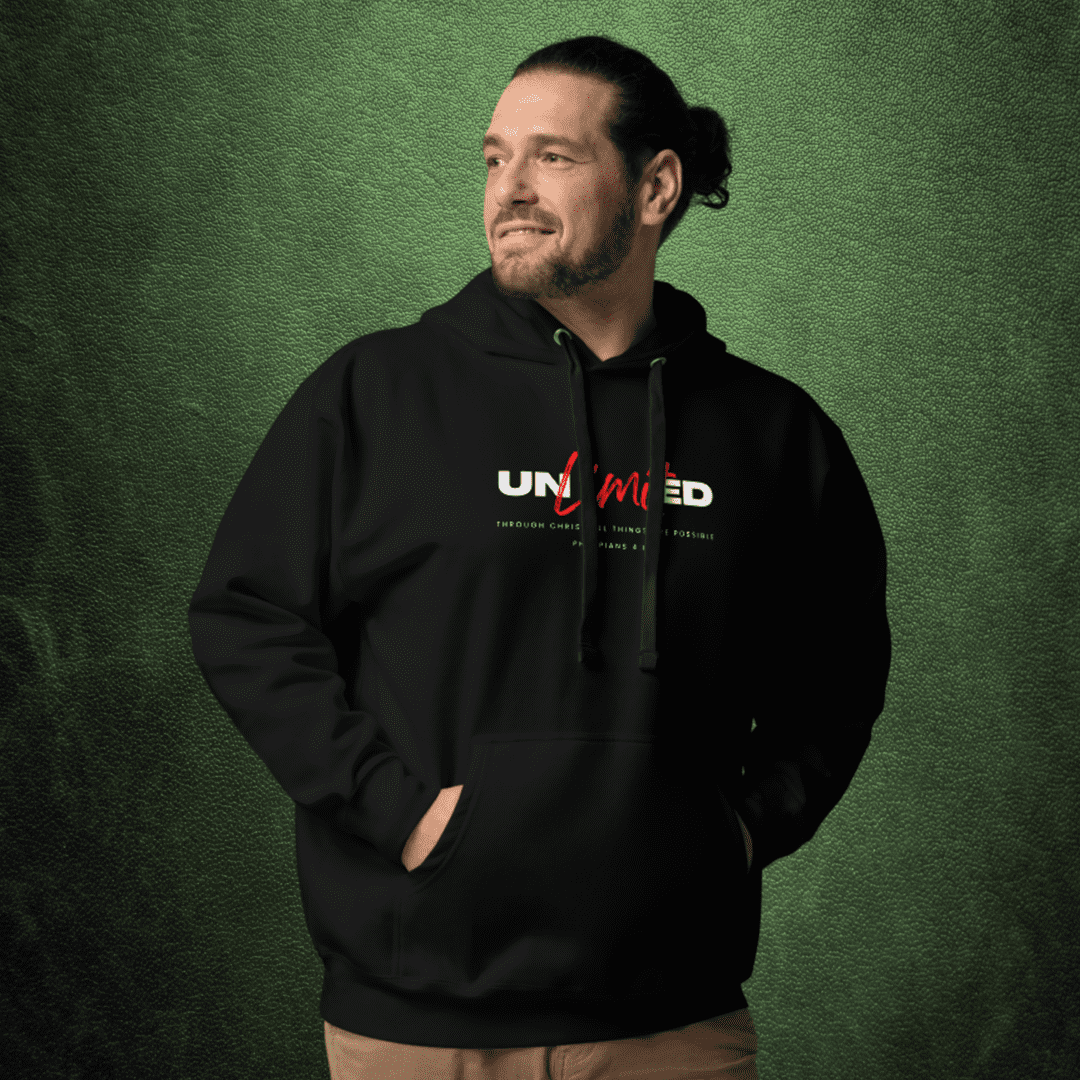 Man wearing black hoodie with "Unlimited" logo.