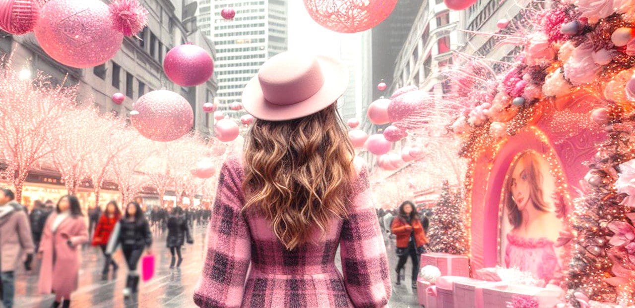 Woman in pink hat walks through a pink Christmas market.