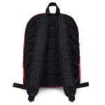A Backpack in Celtic Red Highland Plaid, can hold up to a 15" Laptop or Tablet, many pockets for more, Padded Shoulder Straps sturdy, Water Resistant on a white background.