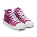 Pink and white plaid high top sneakers.