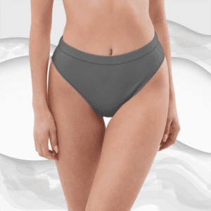 Gray high-waisted bikini bottom on a model.