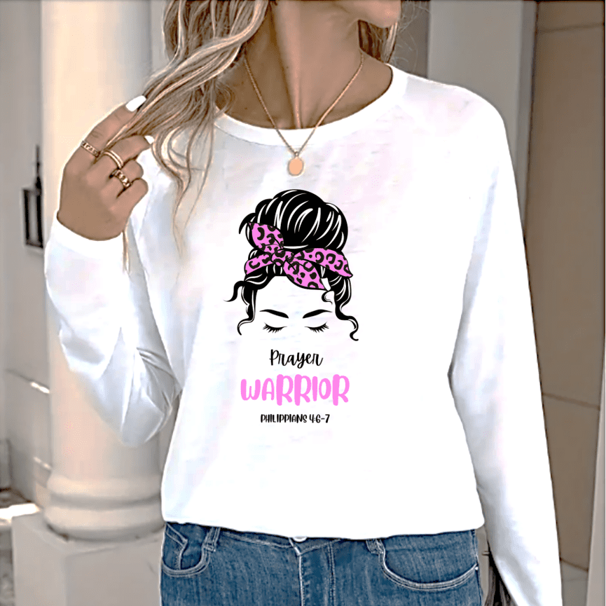 PRAYER WARRIOR-Pink-rd -square-White Long Sleeve Womans Sweatshirt tucked in