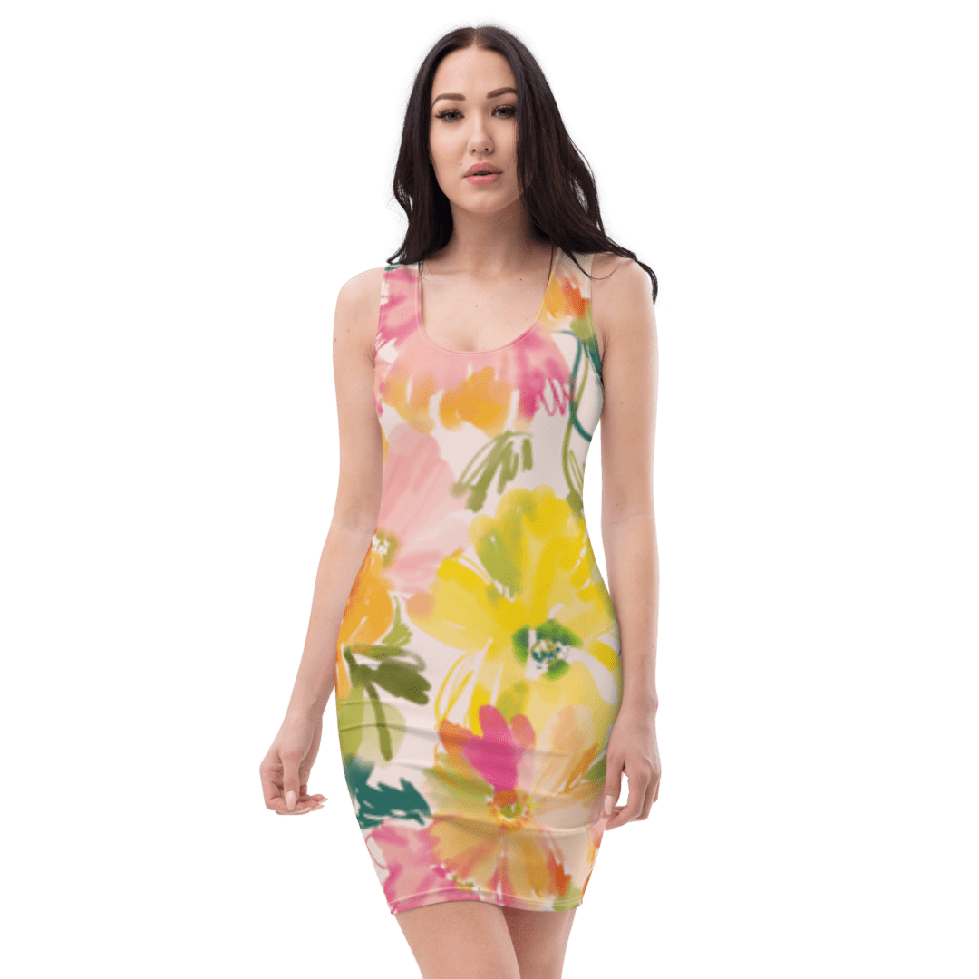 Floral Bodycon Dress Premium Watercolor Florals Pink , Green and