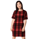 Woman wearing a red and black plaid dress.