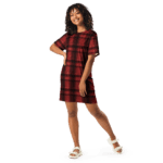 Woman in red and black plaid dress.