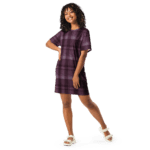 Woman in a purple plaid dress.