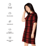 Woman wearing red and black plaid dress.