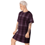 Woman in a purple plaid shirt dress.