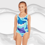 Girl wearing a blue stingray swimsuit.