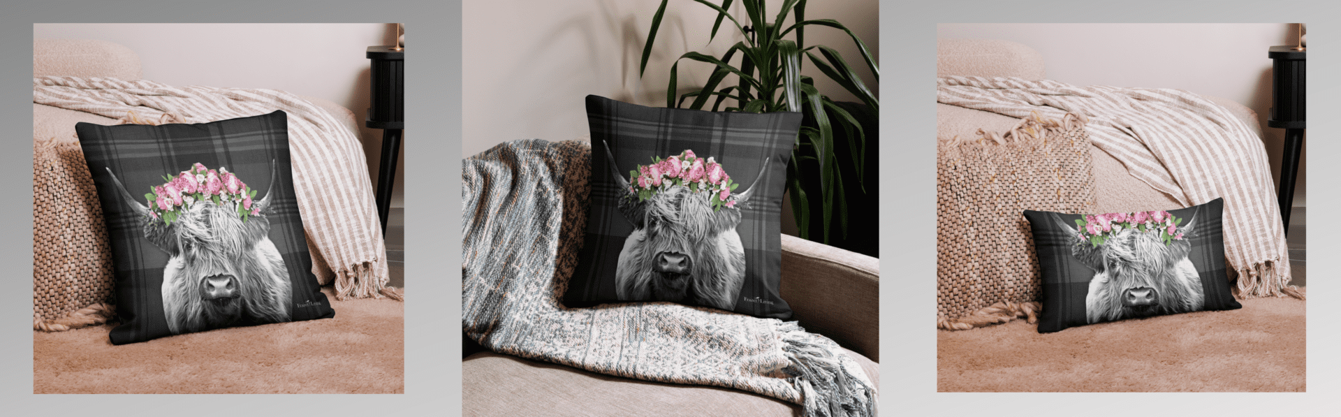 Highland cow pillow with floral crown.