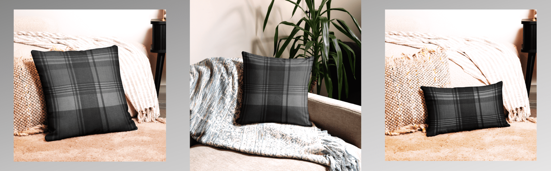 Black and grey plaid throw pillow.