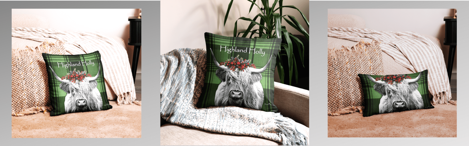 Green plaid pillow with a Highland cow.