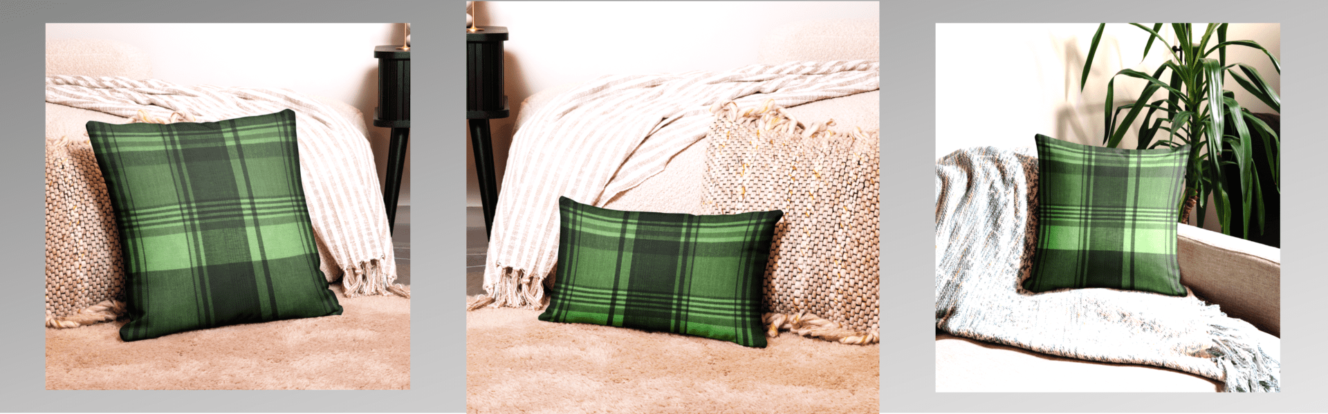 Green and black plaid throw pillow.