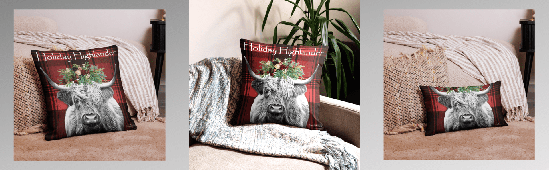 Red plaid pillow with highland cow