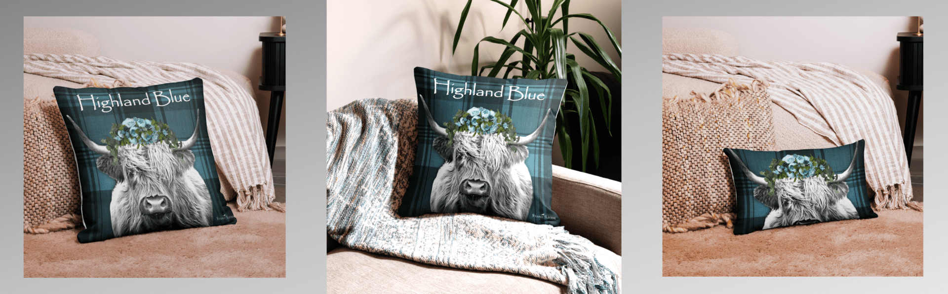 Highland cow pillow with blue flowers.
