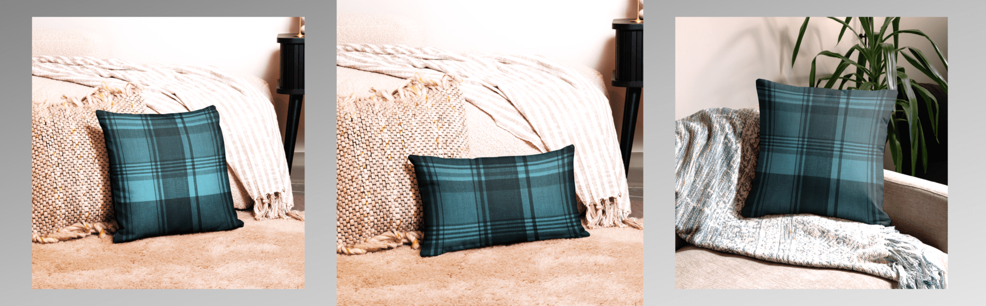 Blue and black plaid pillow on couch.