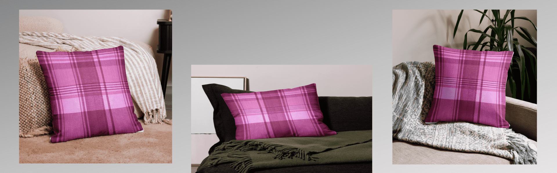 Pink and purple plaid throw pillow.