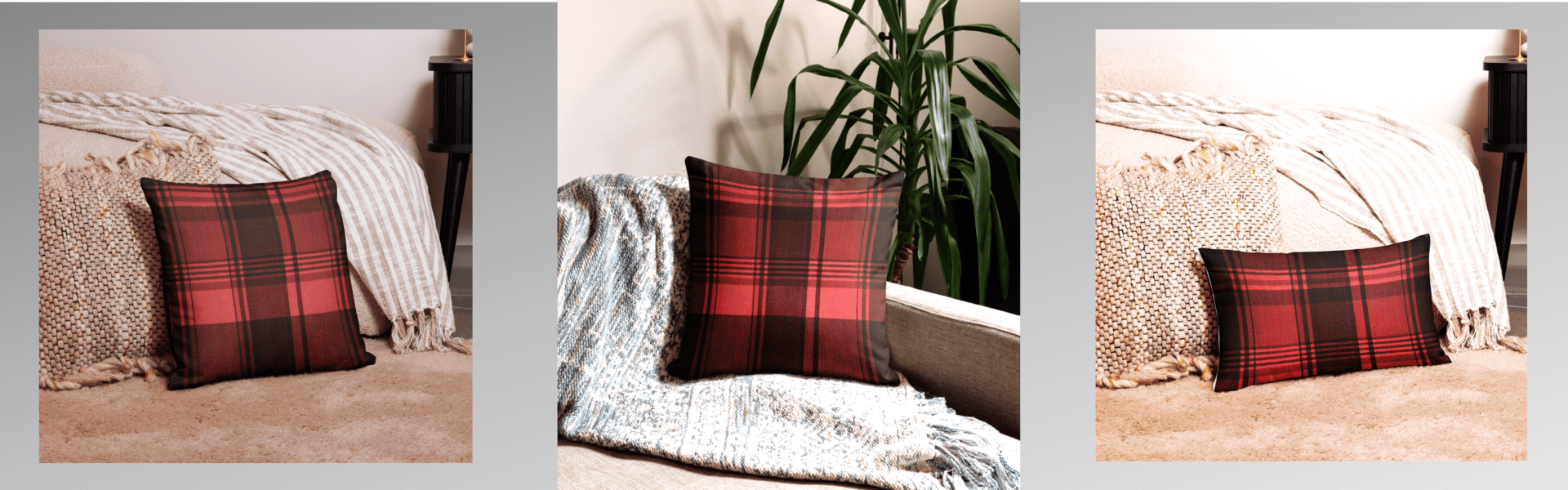 Red and black plaid throw pillow on couch.