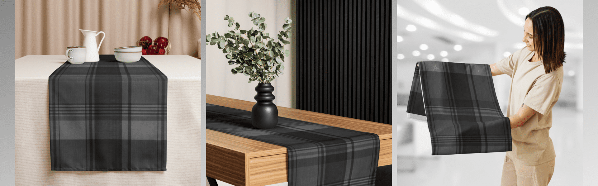 Black and gray plaid table runner.