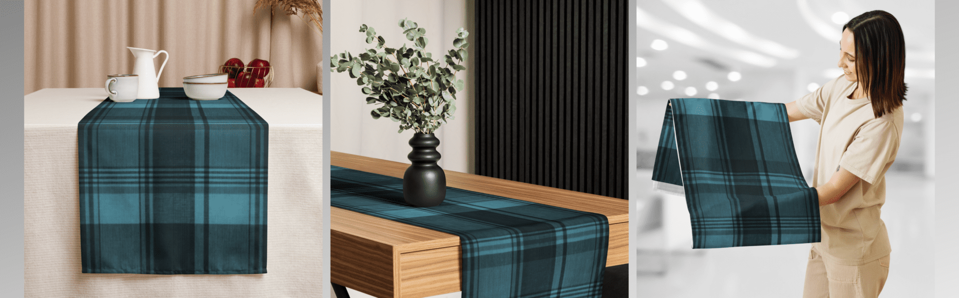 Teal and black plaid table runner.