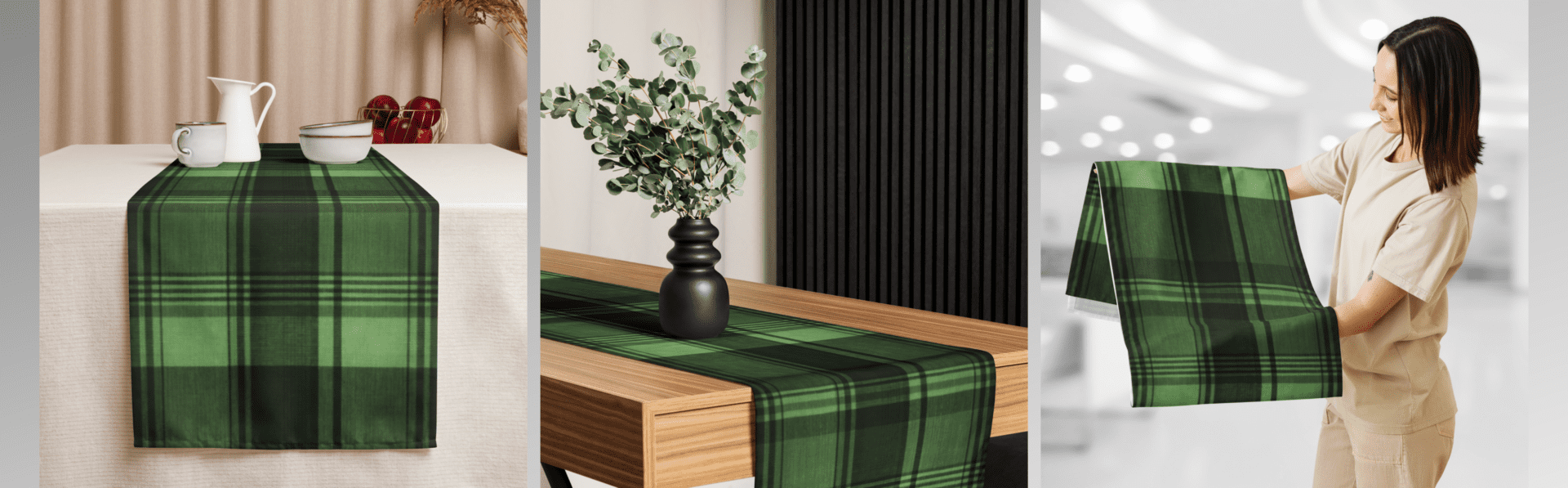 Green and black plaid table runner.