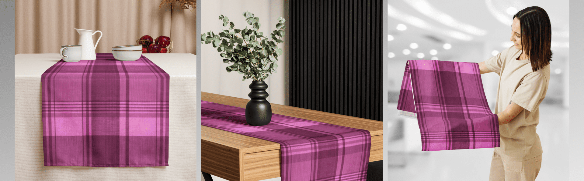 Pink plaid table runner on wooden table.