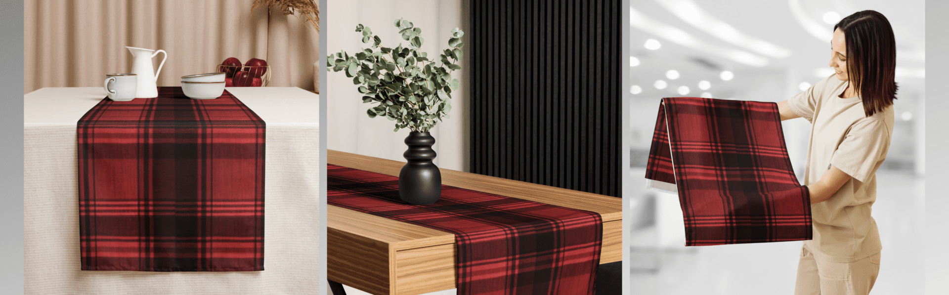 Red and black plaid table runner.