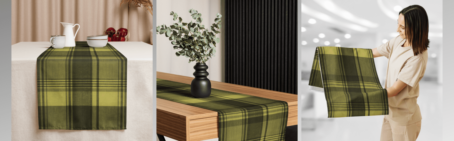 Green and black plaid table runner.