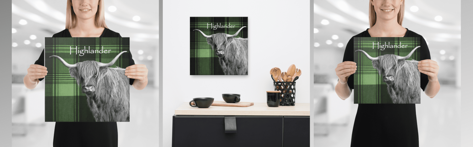 Highland cow on green plaid background.