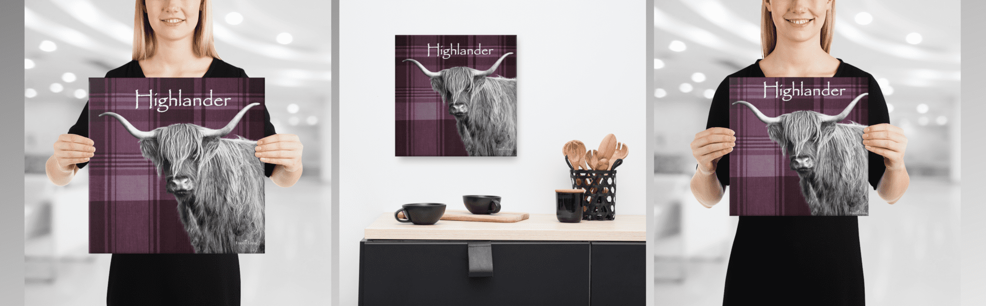 Highland cow on purple plaid background.