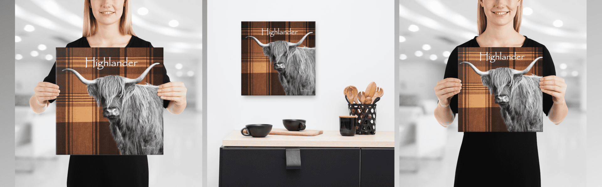 Highland cow on plaid background.