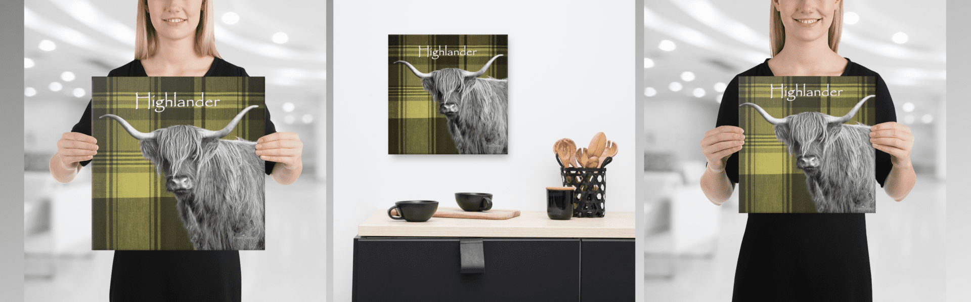 Highland cow on yellow plaid background.
