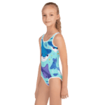 Girl wearing a blue ray swimsuit.