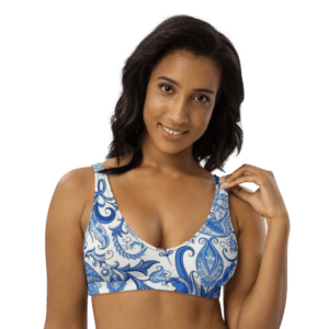 Woman wearing a blue and white bra.