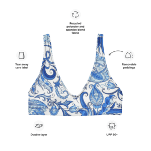 Blue floral printed bikini top with removable padding.