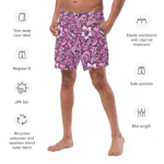 Man wearing pink floral patterned swim shorts.