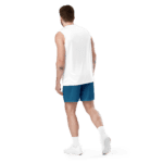 Man in white tank top and blue shorts