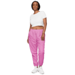 Woman in white shirt and pink pants.