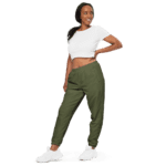 Woman in green sweatpants and white shirt.