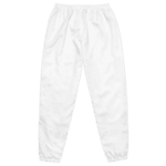 White sweatpants with elastic waistband.