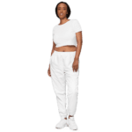 Woman wearing white crop top and pants.