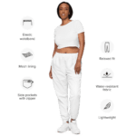 Woman wearing white relaxed fit pants.