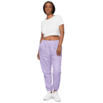 Woman wearing white top and lavender pants.
